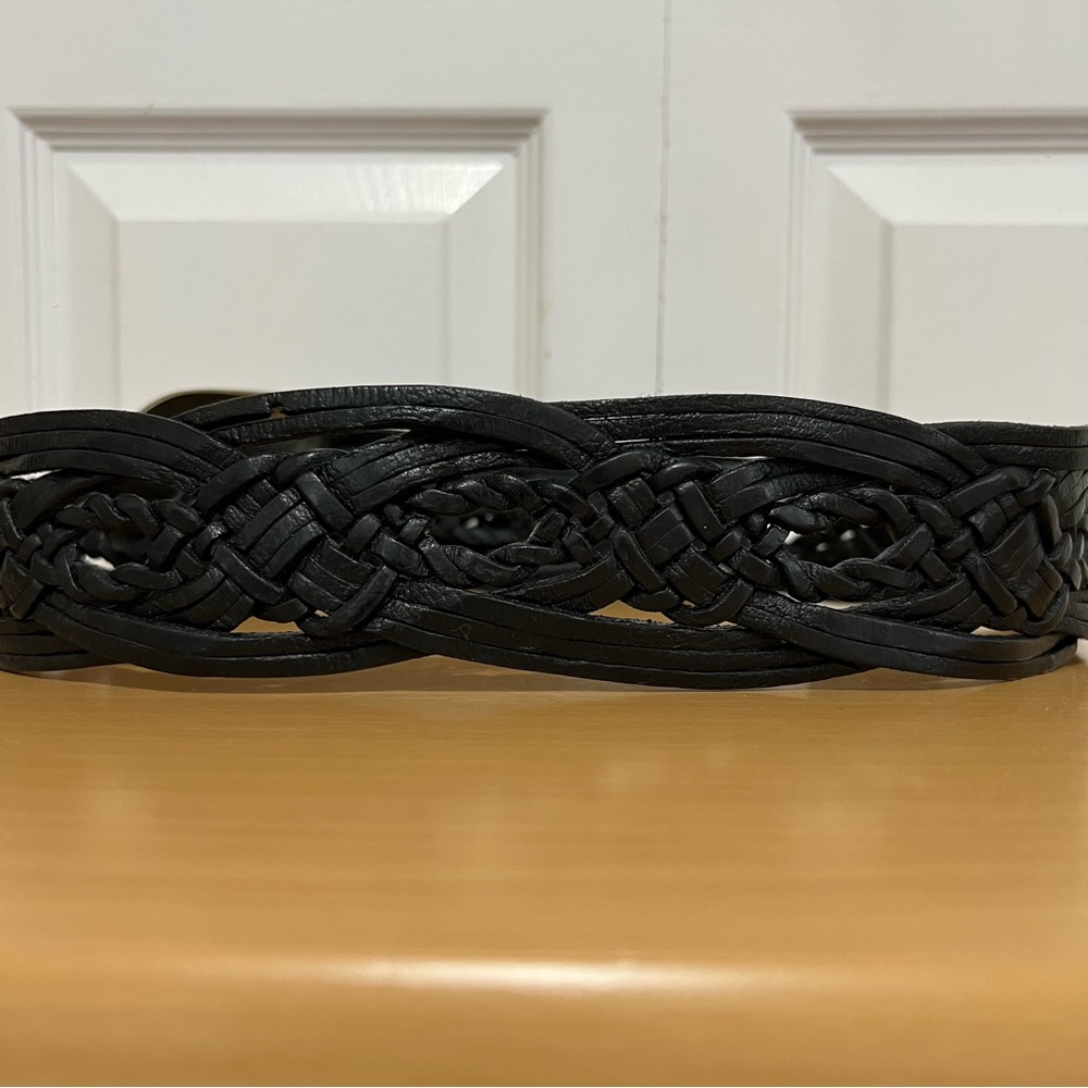Chico’s Wide Braided Black Leather Belt w/ Large Silver & Brass Metal Buckle S/M - Picture 5 of 15